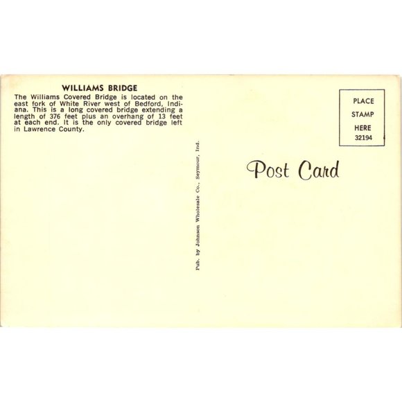 Williams Covered Bridge Postcard Travel Souvenir Unposted White River Indiana - Picture 2 of 2
